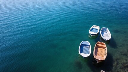 Aufkleber - Four small boats gently bob on a calm, teal sea, their wooden and painted hulls reflecting the sunlight. A tranquil summer scene. : Generative AI