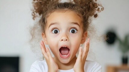 Poster - A little girl with curly brown hair looks surprised, her mouth open in shock, hands covering her cheeks. Close-up portrait of a child's amazed expression. : Generative AI
