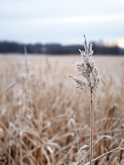 Poster - A single frost-covered grass stalk stands tall in a field of muted beige grasses, under a pale winter sky.  The delicate ice crystals highlight the plant's texture. : Generative AI