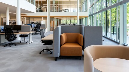 Poster - Modern library interior with comfortable seating areas and individual workstations, featuring large windows offering natural light and a view of green trees. : Generative AI
