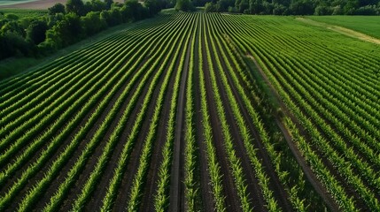 Poster - Aerial view of a vast vineyard, rows of lush green grapevines stretching across a gently sloping landscape under a clear sky. : Generative AI