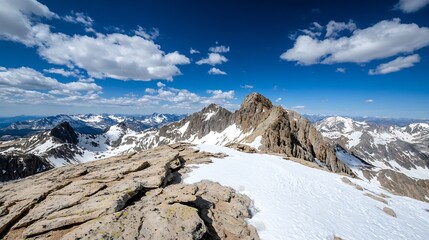 Aufkleber - Panoramic view of snow-capped mountain peaks under a vibrant blue sky with scattered cumulus clouds, showcasing rugged rock formations and a vast, scenic landscape. : Generative AI