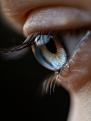 Poster - Close-up of a woman's eye, showcasing detailed eyelashes, iris, and skin texture.  The blue iris displays intricate patterns, and the image has a dark, moody atmosphere. : Generative AI