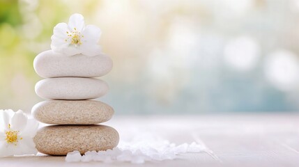 Aufkleber - Serene spa scene with stacked white stones and delicate white blossoms, creating a peaceful and tranquil atmosphere perfect for wellness and relaxation imagery. : Generative AI