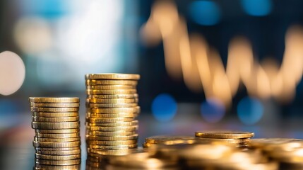 Leinwandbilder - Close-up of stacks of gold coins against a blurred background of a financial chart, symbolizing growth and investment success. : Generative AI