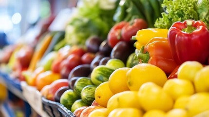 Poster - Vibrant display of fresh produce at a farmer's market, showcasing colorful bell peppers, juicy oranges, and ripe tomatoes. : Generative AI