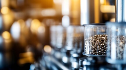 Aufkleber - Close-up view of small golden metallic parts in transparent cylindrical containers within an industrial setting, showcasing a blurred background of machinery and warm lighting. : Generative AI