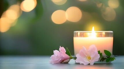 Aufkleber - A lit candle in a glass jar sits on a table next to two delicate pink blossoms, with a soft, blurred background of warm, golden bokeh lights suggesting a tranquil, peaceful setting. : Generative AI
