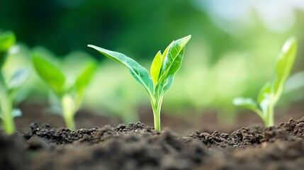 Aufkleber - A vibrant young seedling emerges from rich soil, its bright green leaves reaching towards sunlight in a lush natural setting. : Generative AI
