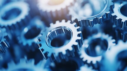 Aufkleber - Close-up view of interlocking metal gears, showcasing intricate details and a cool blue tone.  The image suggests precision engineering and complex machinery. : Generative AI