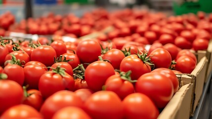 Aufkleber - A close-up shot of many ripe red tomatoes in a cardboard box at a supermarket, showcasing their vibrant color and freshness. : Generative AI