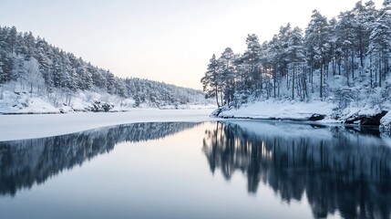 Poster - Serene winter landscape: snow-covered pine trees reflected in a calm, frozen lake at dawn, creating a breathtaking mirror image of nature's beauty. : Generative AI