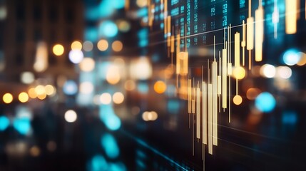 Leinwandbilder - Abstract stock market chart overlayed on a blurred city night scene, showcasing dynamic candlestick patterns and vibrant bokeh lights. : Generative AI