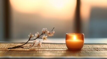 Leinwandbilder - Serene sunset scene featuring a lit candle and delicate apricot blossom branch on a bamboo mat, conveying peace and tranquility. : Generative AI