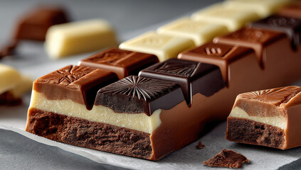 Aufkleber - A close-up shot of a delicious multi-layered chocolate bar, featuring dark, milk, and white chocolate squares with intricate designs, resting on a parchment paper.