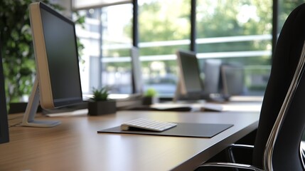 Poster - Modern office workspace with sleek computer setup near large window, showcasing minimalist design and natural light. : Generative AI
