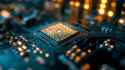 Fototapete - Close-up view of a glowing microprocessor integrated circuit on a dark blue circuit board, showcasing intricate technological details and illuminated pathways. : Generative AI