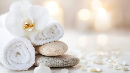 Aufkleber - Serene spa setting with rolled white towels, a delicate white orchid, and stacked smooth stones, accented by scattered white petals against a soft, blurred background of candlelight. : Generative AI