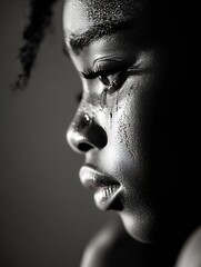 Poster - Close-up profile portrait of a young black girl, tears streaming down her face, skin glistening with moisture, conveying sadness and vulnerability. : Generative AI
