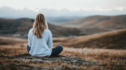 Aufkleber - Woman meditates peacefully atop a hill, overlooking a vast, tranquil landscape of rolling hills and golden grasslands under a soft, muted sky. : Generative AI