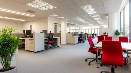 Poster - Modern office interior with red chairs, white desks, and gray carpet.  Bright lighting illuminates the spacious workspace, creating a clean and professional atmosphere. : Generative AI