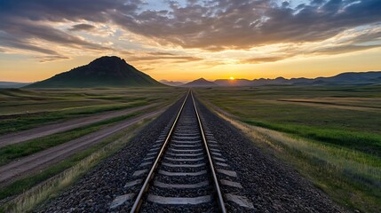Leinwandbilder - Sunset over vast plains, a lone railway track stretches towards distant mountains, bathed in the golden light of the setting sun, offering a sense of journey and exploration. : Generative AI