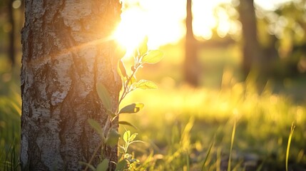 Poster - Young sprout emerges beside a tree trunk, bathed in the warm golden light of a setting sun, creating a serene and peaceful nature scene. : Generative AI