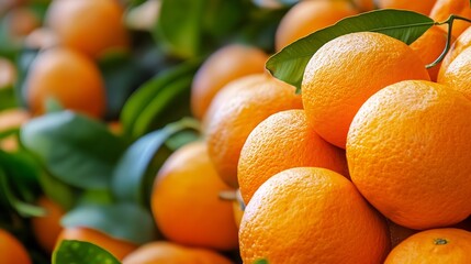 Poster - Close-up view of several ripe oranges clustered together on a tree branch, showcasing their vibrant orange color and textured skin, with lush green leaves visible. : Generative AI