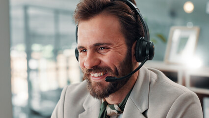 Poster - Man, smile and call center for communication, CRM and contact us for customer service or help desk. Male consultant, mic and headset with online support, advice or assistance for telecom agency