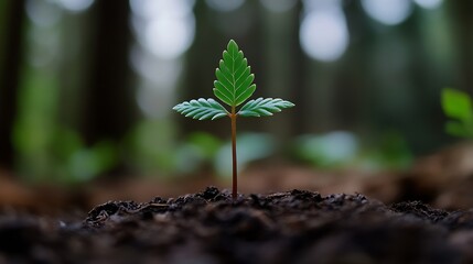 Leinwandbilder - A single, delicate seedling emerges from dark soil, its vibrant green leaves reaching towards the blurred forest background, symbolizing new life and growth. : Generative AI