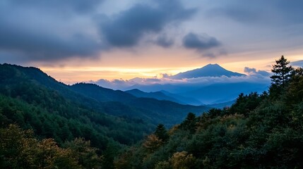 Poster - Serene sunset over a mountain range, casting a warm golden light on the clouds and peaks, with lush green forests in the foreground. : Generative AI