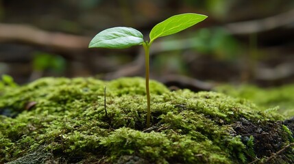 Poster - A tiny seedling bravely emerges from a bed of lush green moss, its delicate leaves reaching towards the sunlight in a forest setting. : Generative AI