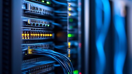 Poster - Close-up view of network server rack with glowing lights and blue cables, showcasing intricate technology and data infrastructure. : Generative AI