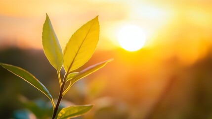 Poster - Close-up of vibrant green leaves illuminated by warm sunset light, showcasing delicate details and natural beauty.  A peaceful and serene scene of nature. : Generative AI