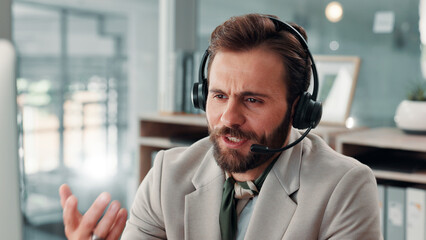 Poster - Business, man or call center agent with finance advice, customer service, loan help or computer. Communication, contact us or financial consultant with headset for telecom, CRM or outbound assistance