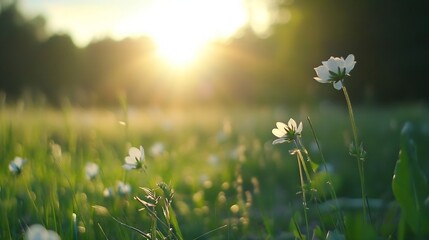 Aufkleber - Sunlit meadow with delicate white wildflowers gently swaying in the warm evening light, creating a serene and peaceful atmosphere. : Generative AI