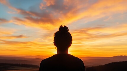 Poster - Silhouette of a woman with bun hairstyle, gazing at a breathtaking sunset over a vast, hazy landscape.  Warm orange and blue hues dominate the sky, creating a serene and peaceful atmos : Generative AI