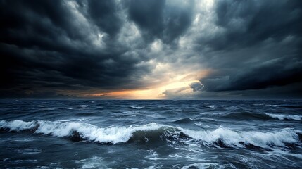Fototapete - Dramatic ocean waves crashing under a stormy, dark sky at sunset, creating a powerful and moody seascape. : Generative AI