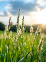 Aufkleber - Close-up view of tall grass blades with seed heads, illuminated by warm sunset light, creating a serene and peaceful natural scene. : Generative AI