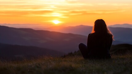 Poster - Silhouette of a woman sitting on a grassy hilltop, watching a vibrant sunset over a mountain range.  The warm golden light bathes the landscape in a tranquil, peaceful atmosphere. : Generative AI