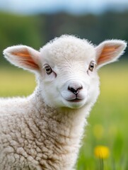 Aufkleber - Adorable white lamb portrait, fluffy wool, curious gaze, springtime meadow, soft focus background, yellow wildflowers, peaceful scene. : Generative AI