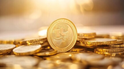 Poster - A single litecoin rests atop a pile of gold coins, bathed in warm, golden sunlight. The scene evokes wealth, cryptocurrency, and financial success. : Generative AI