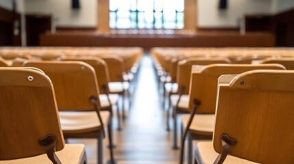 Leinwandbilder - Rows of empty wooden chairs in a lecture hall, viewed from the back, with a blurred background showing a large window and a slightly visible stage. : Generative AI