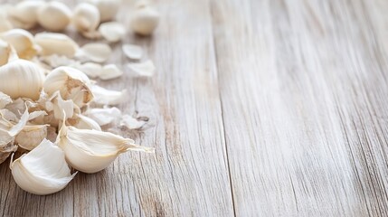 Aufkleber - Peeled garlic cloves on rustic wooden surface, close-up view showing detail of bulb texture and wood grain.  Ideal for culinary, health, or food-related projects. : Generative AI