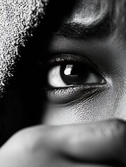 Poster - Close-up monochrome portrait of a person's eye, partially obscured, showcasing detailed skin texture and dramatic lighting. : Generative AI