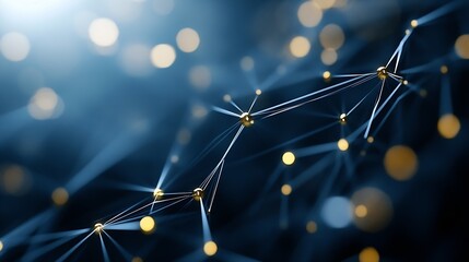 Fototapete - Abstract network visualization: golden spheres interconnected by thin, dark-blue lines against a blurred, bokeh background of blue and gold hues, suggesting connection and technology. : Generative AI