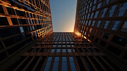 Poster - Modern architecture at sunset, showcasing two towering buildings with geometric facades and reflective windows, bathed in warm golden light. : Generative AI