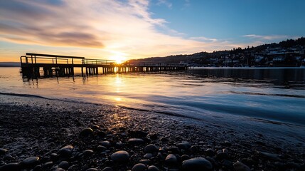 Poster - Serene sunset over a calm lake, with a wooden pier extending into the water, and a picturesque shoreline of dark stones reflecting the golden light. : Generative AI