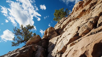 Poster - Two juniper trees clinging to a steep, sunlit sandstone cliff face against a vibrant blue sky with fluffy white clouds. A dramatic natural landscape. : Generative AI