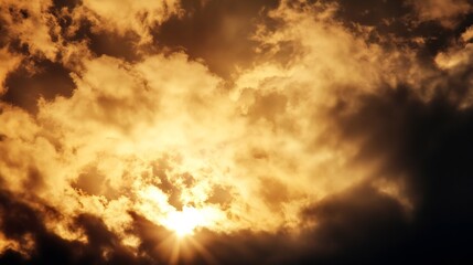 Aufkleber - Golden sunset rays pierce through dramatic, dark cloudscape; vibrant, fiery hues paint the sky with intense light and shadow. : Generative AI